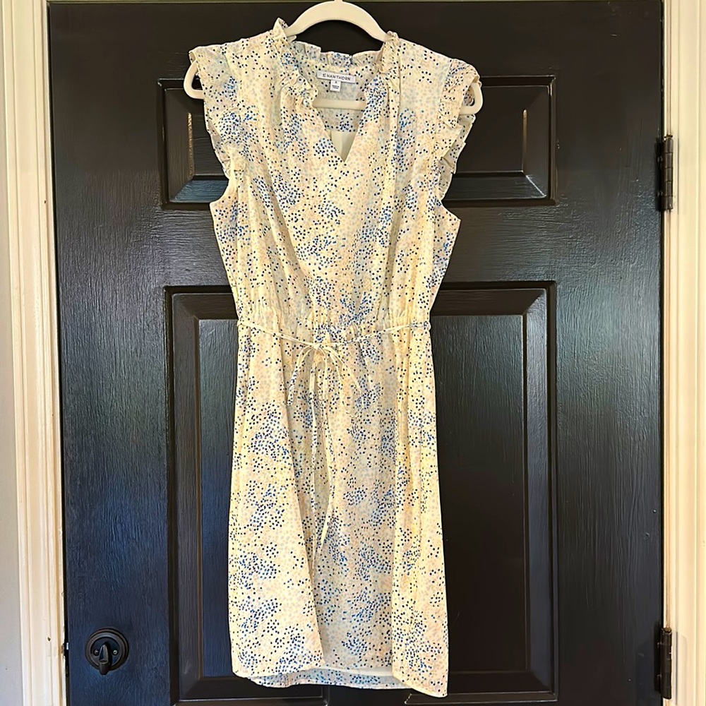 White with tiny blue and pink dots v neck dress